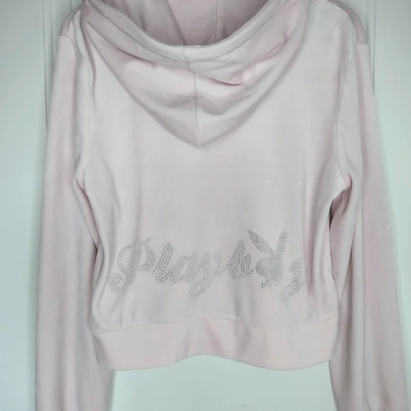PLAYBOY Pale Pink Velour Zip-Up Hoodie with Crystal Bunny - Picture 3 of 3